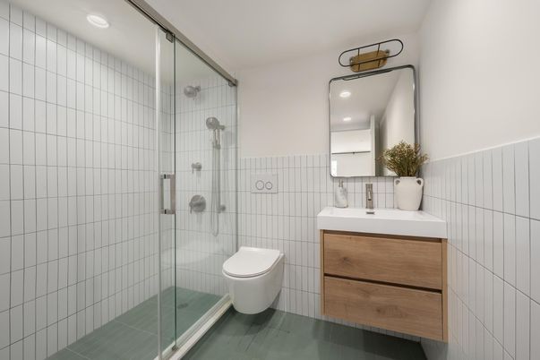 Bathroom, Glass Shower, Interior, Recessed Lighting