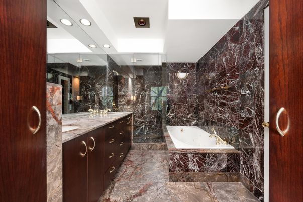 Bathroom, Dual Sink Vanities, Glass Shower, Interior, Marble Walls, Recessed Lighting