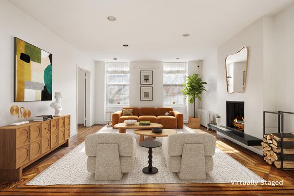 Fireplace, Interior, Living room, Recessed Lighting, Wood Texture Flooring