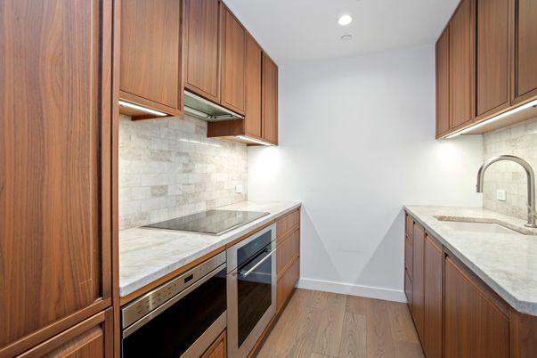 Interior, Kitchen, Recessed Lighting, Stone Walls, Wood Texture Flooring