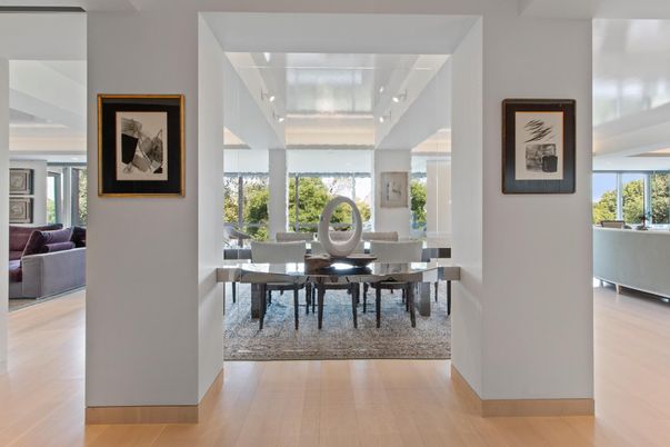 Dining room, Interior, Living room, Recessed Lighting, Wood Texture Flooring