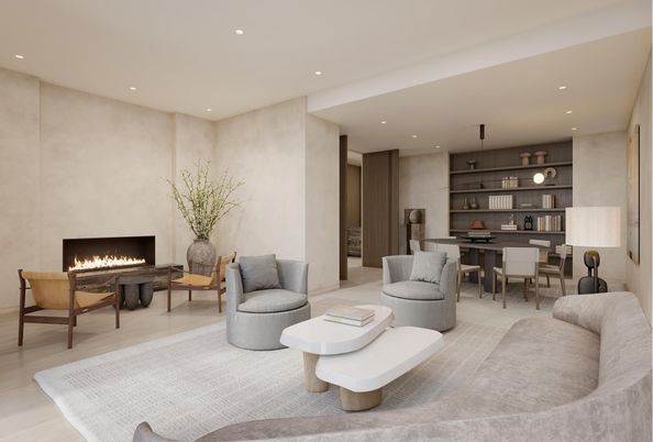 Dining room, Fireplace, Interior, Living room, Recessed Lighting, Wood Texture Flooring