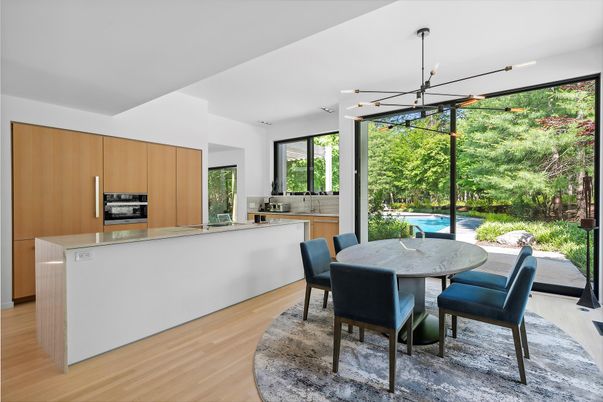 Dining room, Interior, Kitchen, Pendant Lights, Stainless Steel Appliances, Wood Texture Flooring
