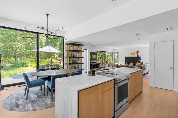 Dining room, Interior, Kitchen, Pendant Lights, Recessed Lighting, Wood Texture Flooring