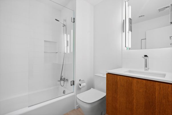 Bathroom, Glass Shower, Interior, Wood Texture Flooring