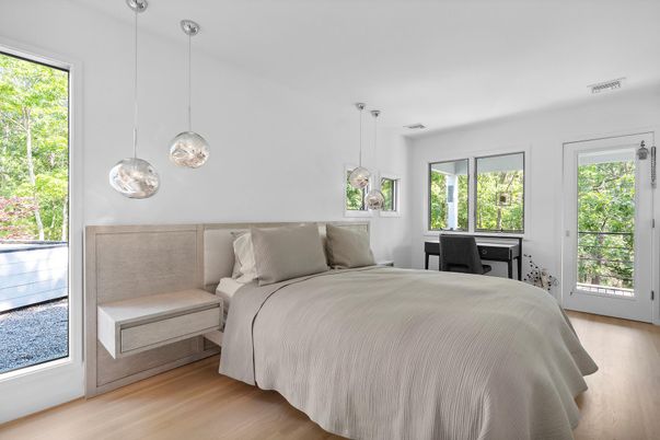Bedroom, Interior, Pendant Lights, Wood Texture Flooring