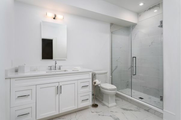 Bathroom, Glass Shower, Interior, Marble, Marble Walls, Recessed Lighting