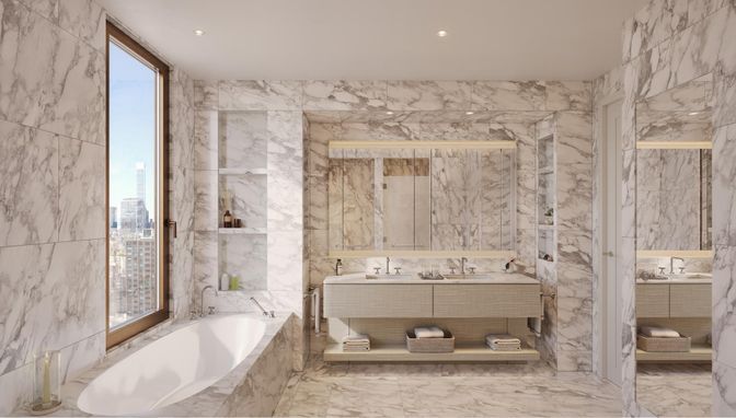 Bathroom, Dual Sink Vanities, Interior, Marble, Marble Walls, Recessed Lighting