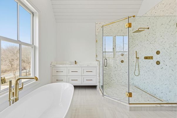 Bathroom, Dual Sink Vanities, Free Standing Baths, Glass Shower, Interior, Marble, Marble Walls