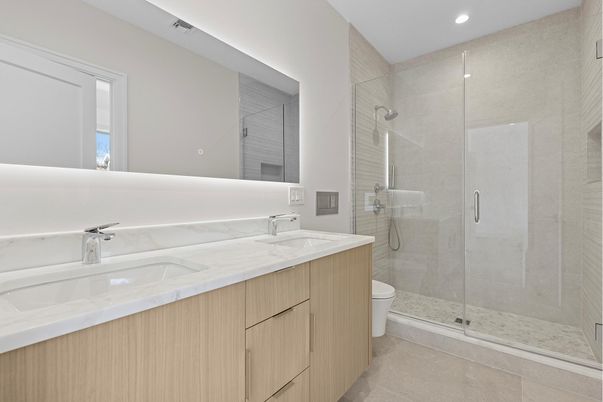 Bathroom, Dual Sink Vanities, Glass Shower, Interior, Recessed Lighting