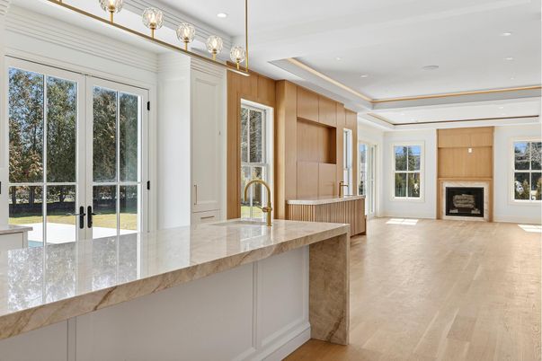 Fireplace, Interior, Kitchen, Recessed Lighting, Wood Texture Flooring, Wooden Walls