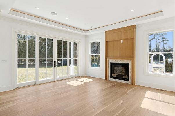Empty room, Fireplace, Interior, Recessed Lighting, Wood Texture Flooring
