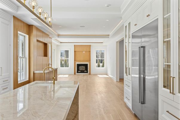 Fireplace, Interior, Kitchen, Pendant Lights, Recessed Lighting, Wood Texture Flooring, Wooden Walls