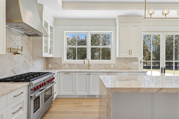 Interior, Kitchen, Marble Walls, Pendant Lights, Stainless Steel Appliances, Wood Texture Flooring