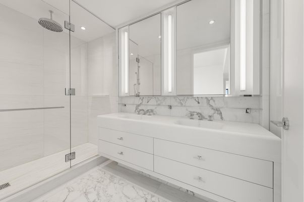 Bathroom, Dual Sink Vanities, Glass Shower, Interior, Marble, Recessed Lighting