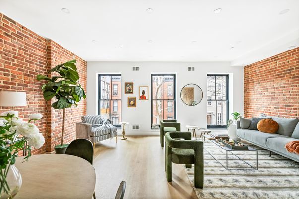 Interior, Living room, Recessed Lighting, Stone Walls, Wood Texture Flooring