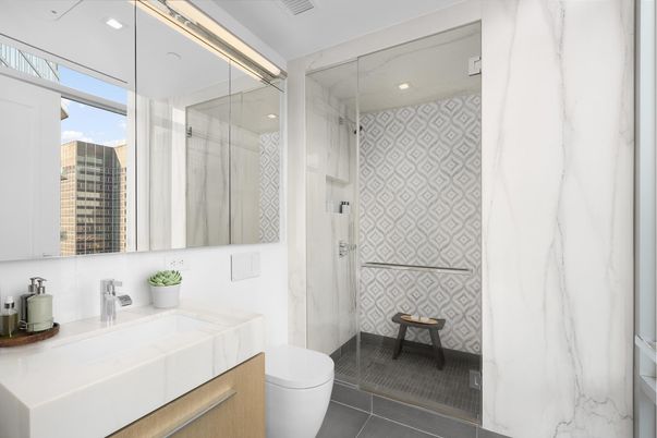 Bathroom, Glass Shower, Interior, Recessed Lighting, Tile Countertops