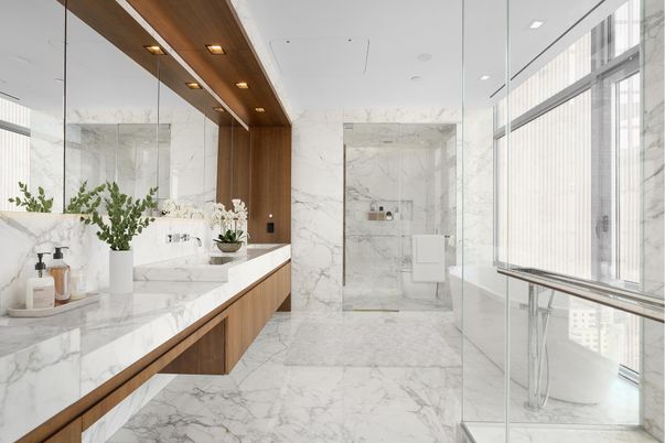 Bathroom, Glass Shower, Interior, Marble, Marble Walls, Recessed Lighting