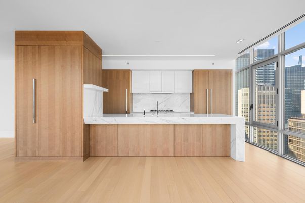 Interior, Kitchen, Marble Walls, Recessed Lighting, Wood Texture Flooring