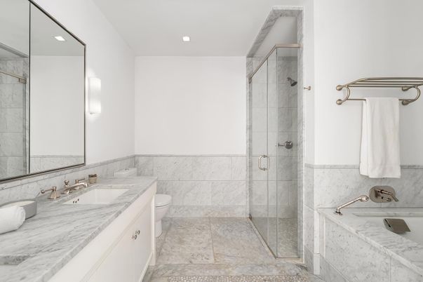 Bathroom, Glass Shower, Interior, Marble Walls, Recessed Lighting