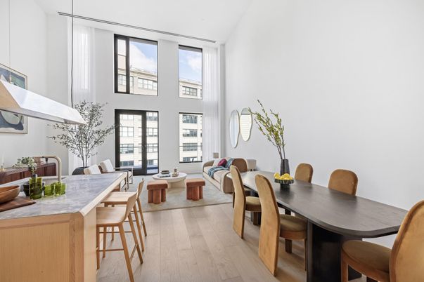 Dining room, Interior, Living room, Pendant Lights, Wood Texture Flooring