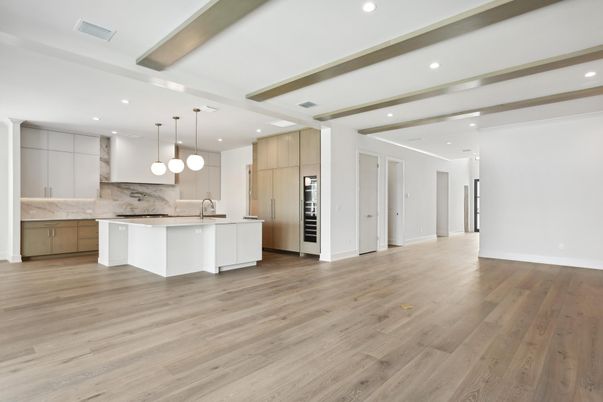 Interior, Kitchen, Marble Walls, Pendant Lights, Recessed Lighting, Stainless Steel Appliances, Wood Texture Flooring