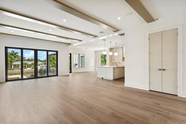 Empty room, Interior, Kitchen, Pendant Lights, Recessed Lighting, Wood Texture Flooring
