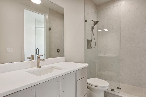 Bathroom, Glass Shower, Interior, Marble Walls, Recessed Lighting