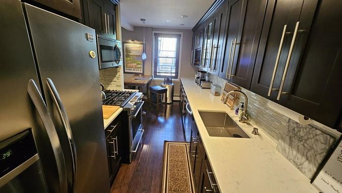 Dining room, Interior, Kitchen, Pendant Lights, Recessed Lighting, Wood Texture Flooring