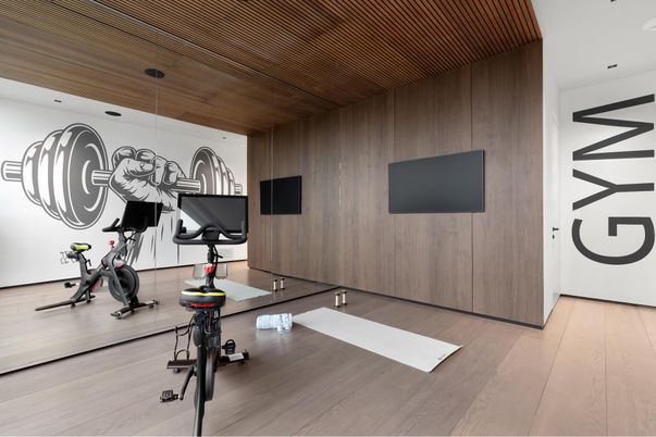 Fitness Equipment, Interior, Recessed Lighting, Wooden Ceilings, Wood Texture Flooring, Wooden Walls