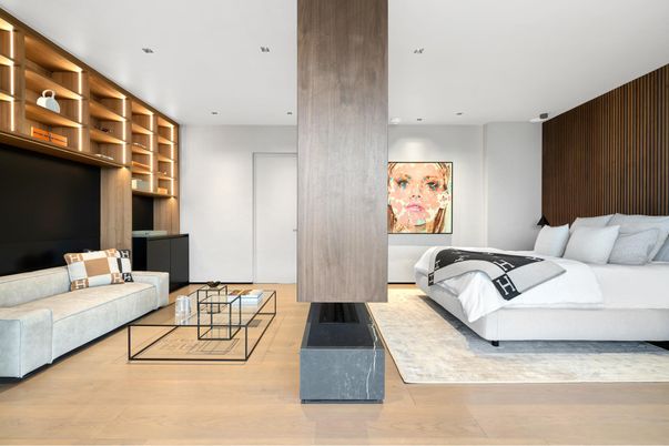 Bedroom, Fireplace, Interior, Living room, Recessed Lighting, Wood Texture Flooring