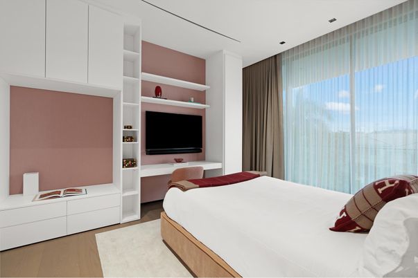 Bedroom, Interior, Recessed Lighting, Wood Texture Flooring