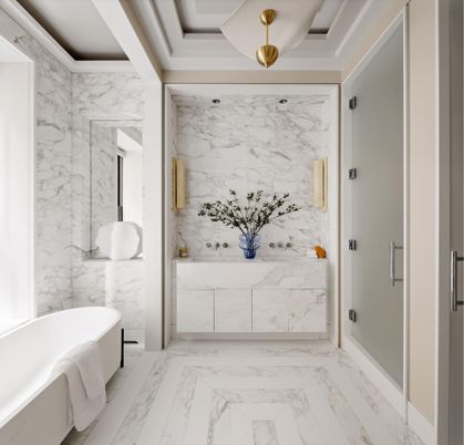 Bathroom, Free Standing Baths, Glass Shower, Interior, Marble, Marble Walls