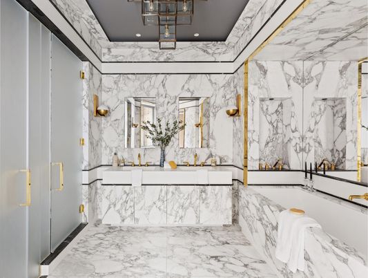 Bathroom, Glass Shower, Interior, Marble, Marble Walls, Recessed Lighting