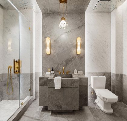 Bathroom, Glass Shower, Interior, Marble Walls, Pendant Lights