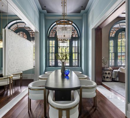 Chandelier, Dining room, Interior, Pendant Lights, Wood Texture Flooring