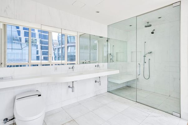 Bathroom, Dual Sink Vanities, Glass Shower, Interior, Marble Walls, Recessed Lighting