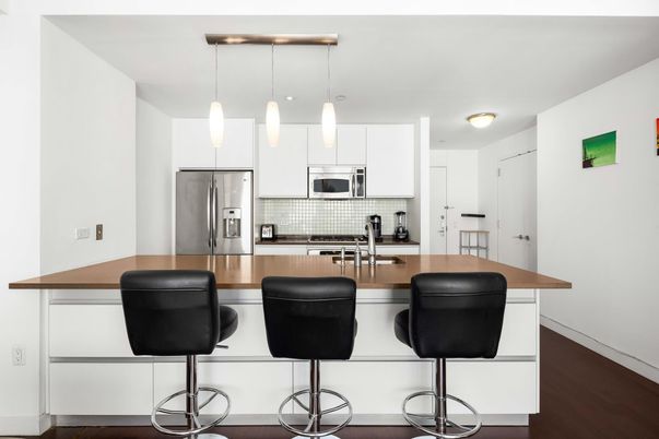 Interior, Kitchen, Pendant Lights, Stainless Steel Appliances, Wood Texture Flooring