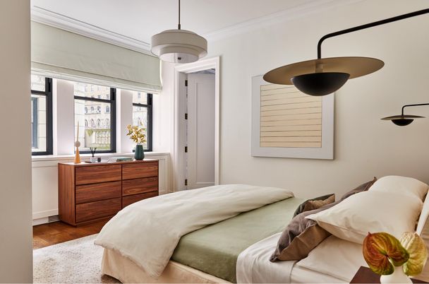 Bedroom, Interior, Pendant Lights, Wood Texture Flooring