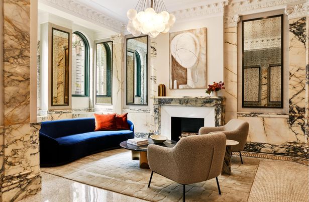 Fireplace, Interior, Living room, Marble Walls, Pendant Lights