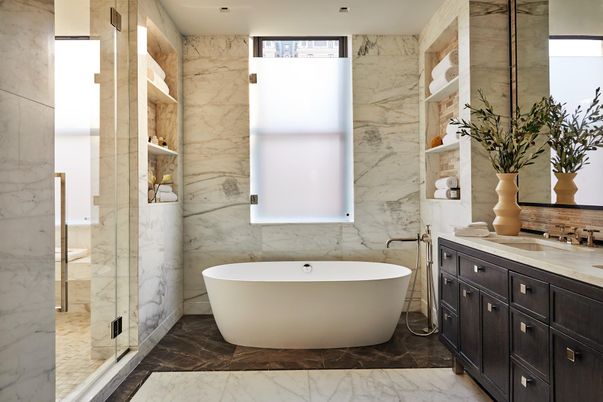 Bathroom, Free Standing Baths, Glass Shower, Interior, Marble, Marble Walls, Recessed Lighting