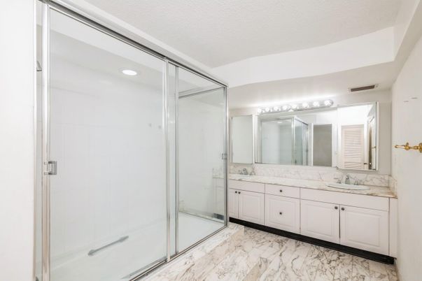 Bathroom, Dual Sink Vanities, Glass Shower, Interior, Marble, Recessed Lighting