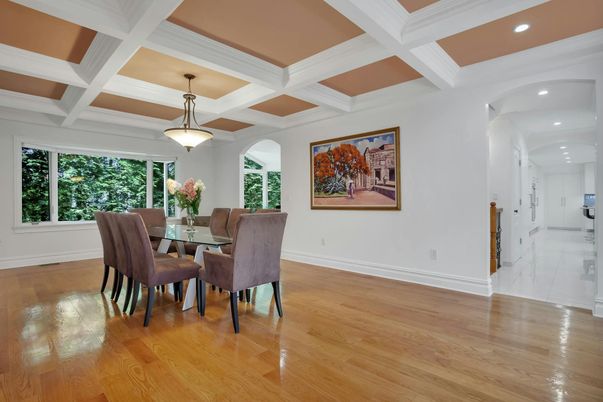 Dining room, Interior, Pendant Lights, Recessed Lighting, Wood Texture Flooring