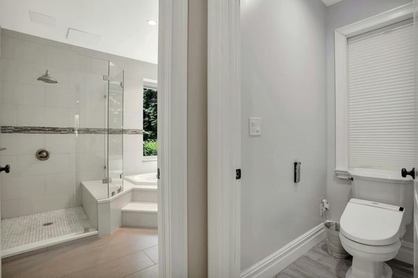 Bathroom, Glass Shower, Interior, Recessed Lighting, Wood Texture Flooring