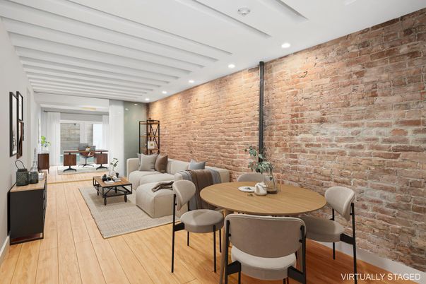 Dining room, Interior, Living room, Recessed Lighting, Stone Walls, Wood Texture Flooring