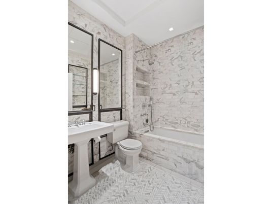 Bathroom, Glass Shower, Interior, Marble Walls, Recessed Lighting