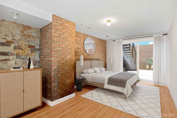 Bedroom, Interior, Stone Walls, Wood Texture Flooring