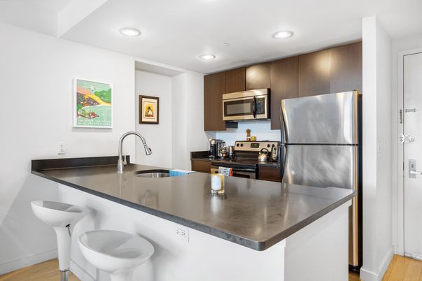 Interior, Kitchen, Recessed Lighting, Stainless Steel Appliances, Wood Texture Flooring