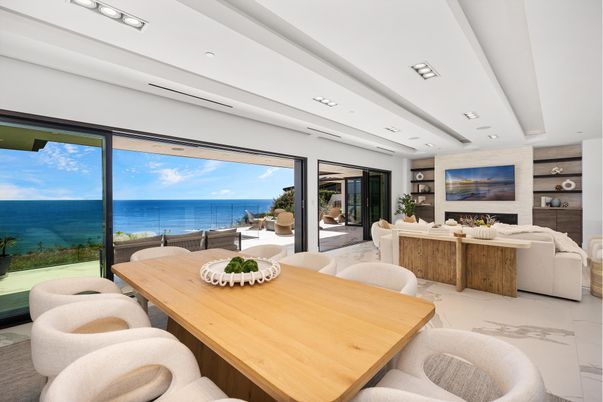 Dining room, Fireplace, Interior, Living room, Recessed Lighting, Water