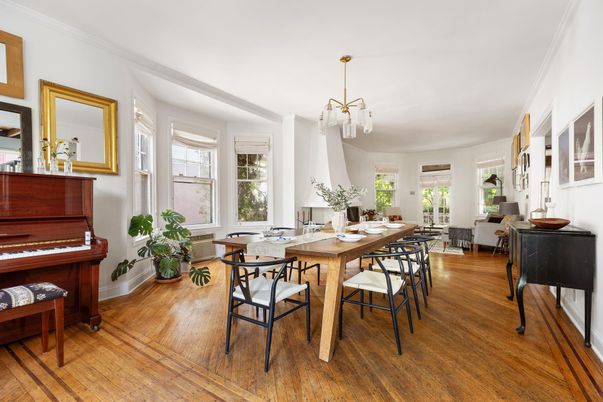Dining room, Interior, Pendant Lights, Piano, Wood Texture Flooring